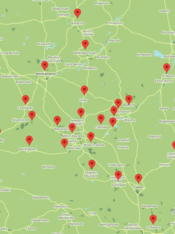 Map showing service areas for Lime Heating surrounding Milton Keynes. Areas include Bedford, Northampton, Leighton Buzzard and Buckingham